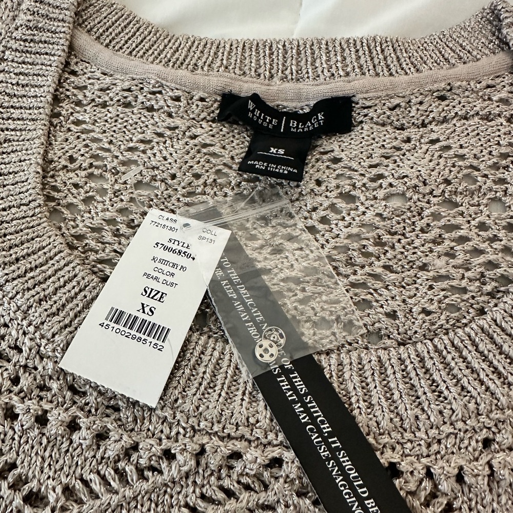 White House Black Market Open Knit Crochet Sweater Top XS Metallic Pearl Taupe - Picture 9 of 10